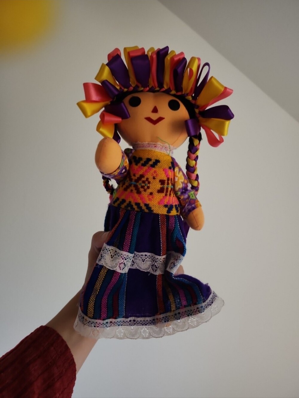 Handmade Cloth Doll with Purple, Yellow & Pink Ribbon Headdress